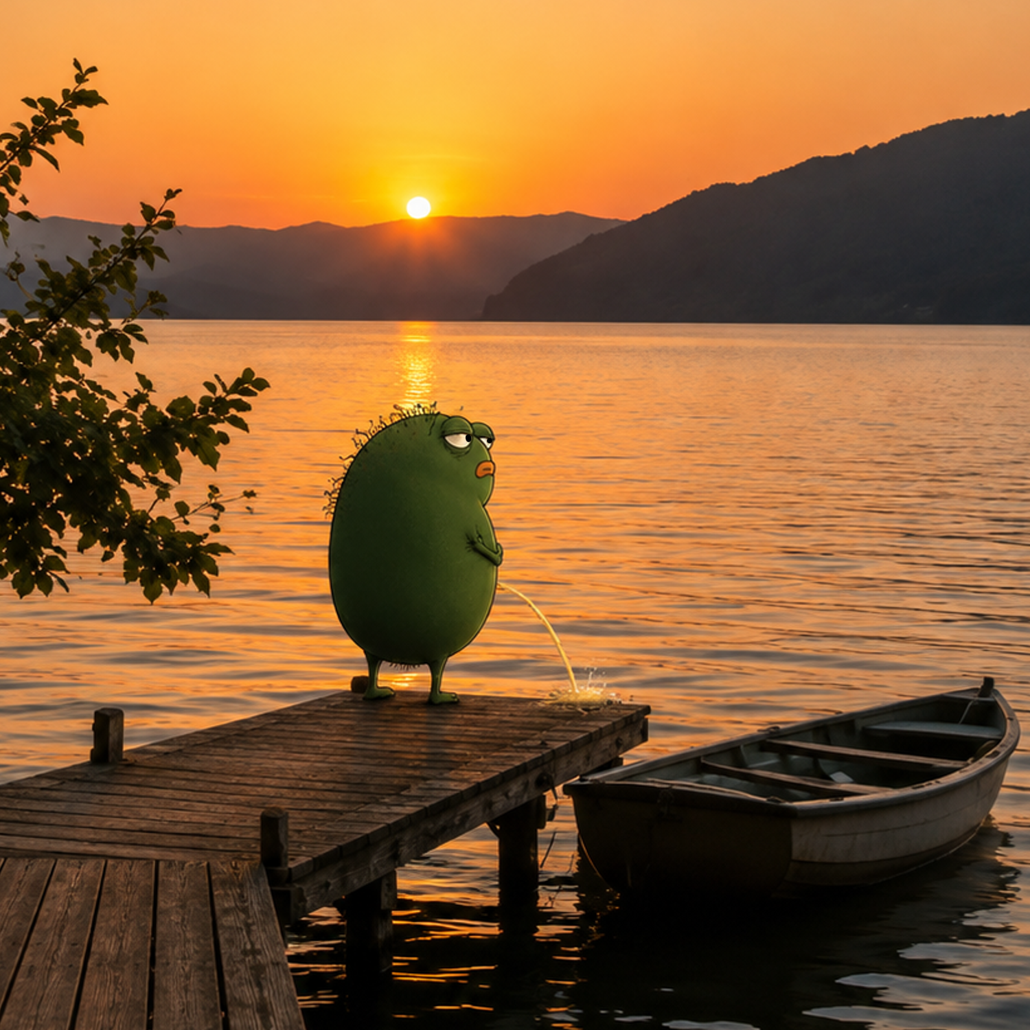 Pisstacio standing on a dock during a lake sunset