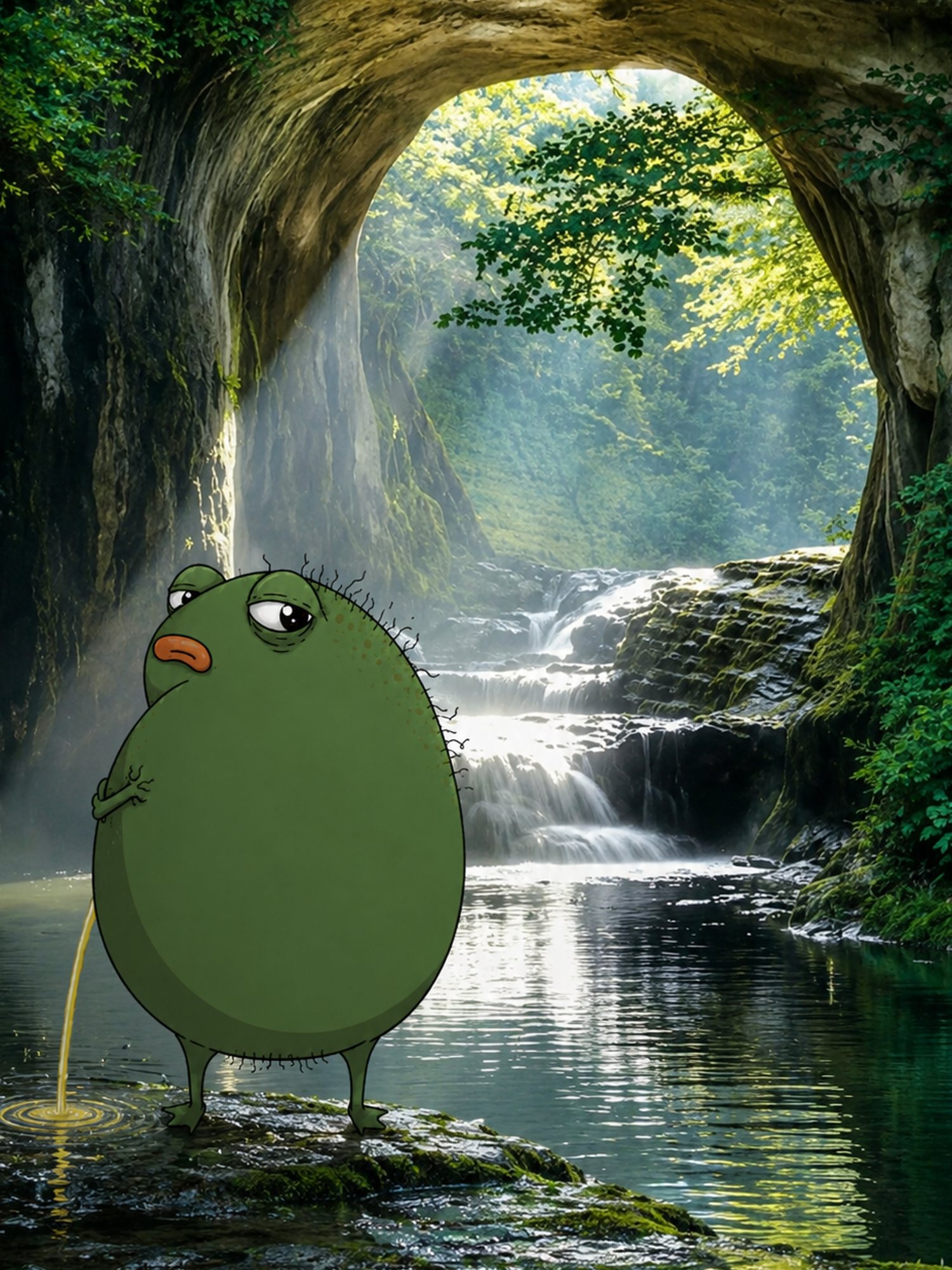 Pisstacio standing beside a waterfall inside a green forest cave